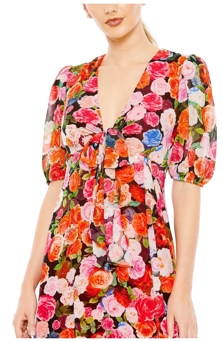 Mac Duggal Floral Print Front Tie Puff Sleeve Flowy Midi Dress, Alternate, color, Rose Multi