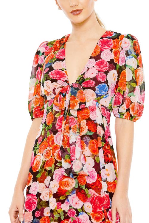 MAC DUGGAL MAC DUGGAL FLORAL PRINT FRONT TIE PUFF SLEEVE FLOWY MIDI DRESS 
