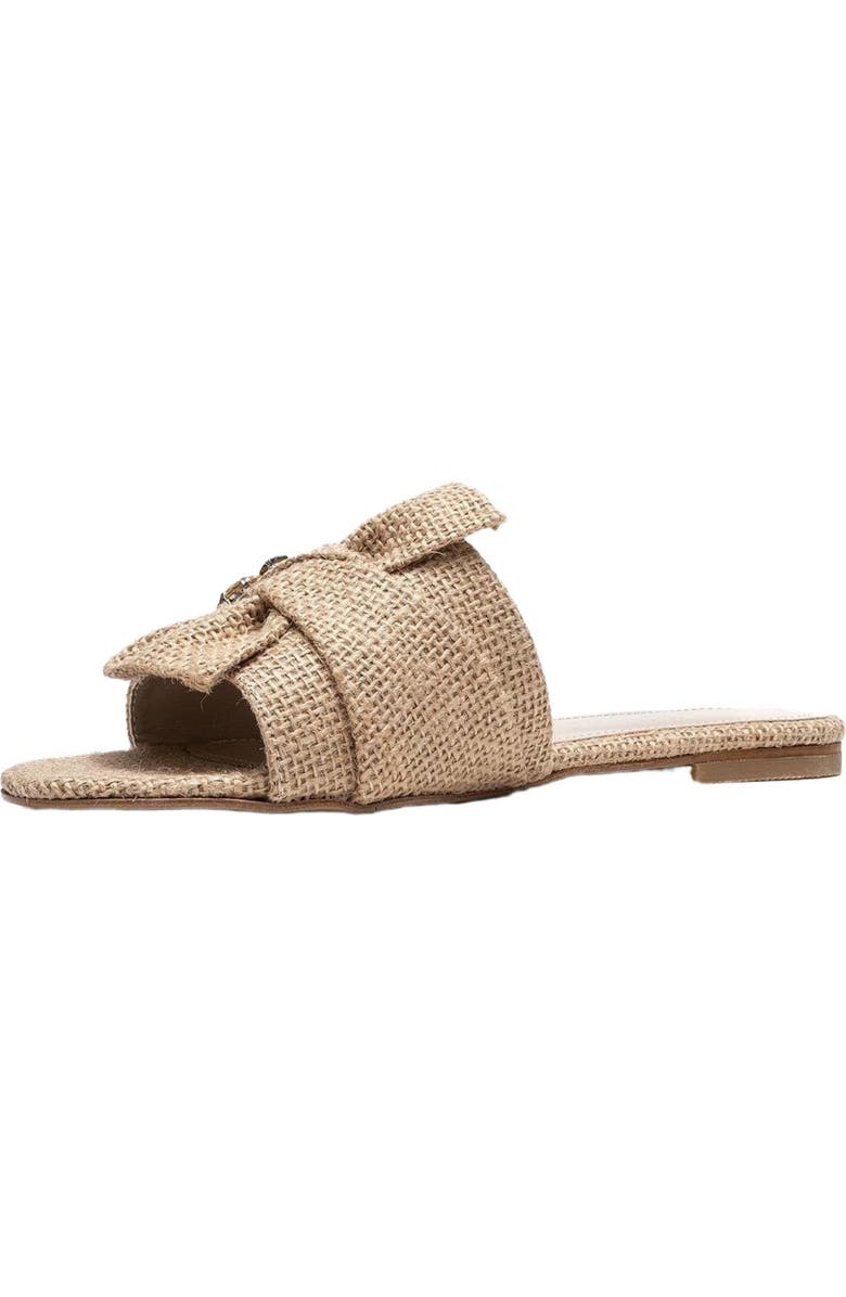 Prologue Shoes Daphne Raffia Bow Slide Sandal, Alternate, color, Beige Faux Leather