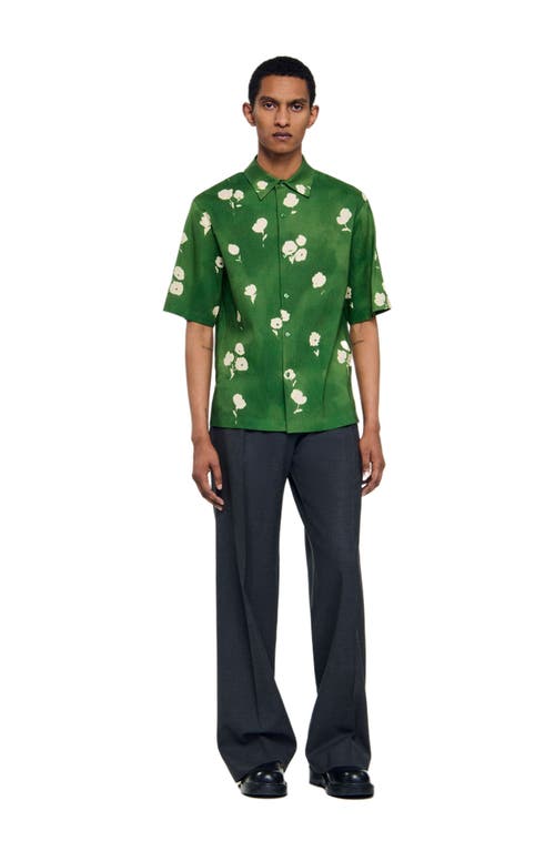 Sandro Mens Lime Floral-print Regular-fit Stretch Linen-blend Shirt In Green