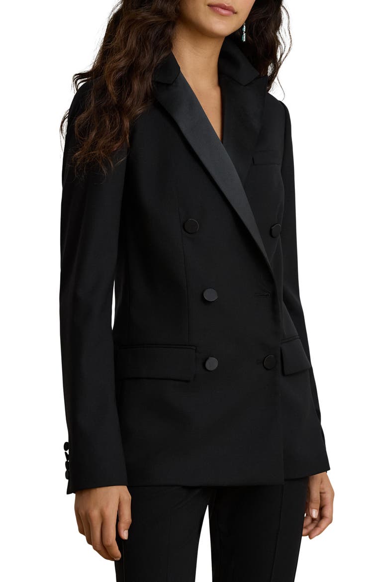 Satin-Trimmed Double Breasted Stretch Wool Blazer, Main, color, BLACK