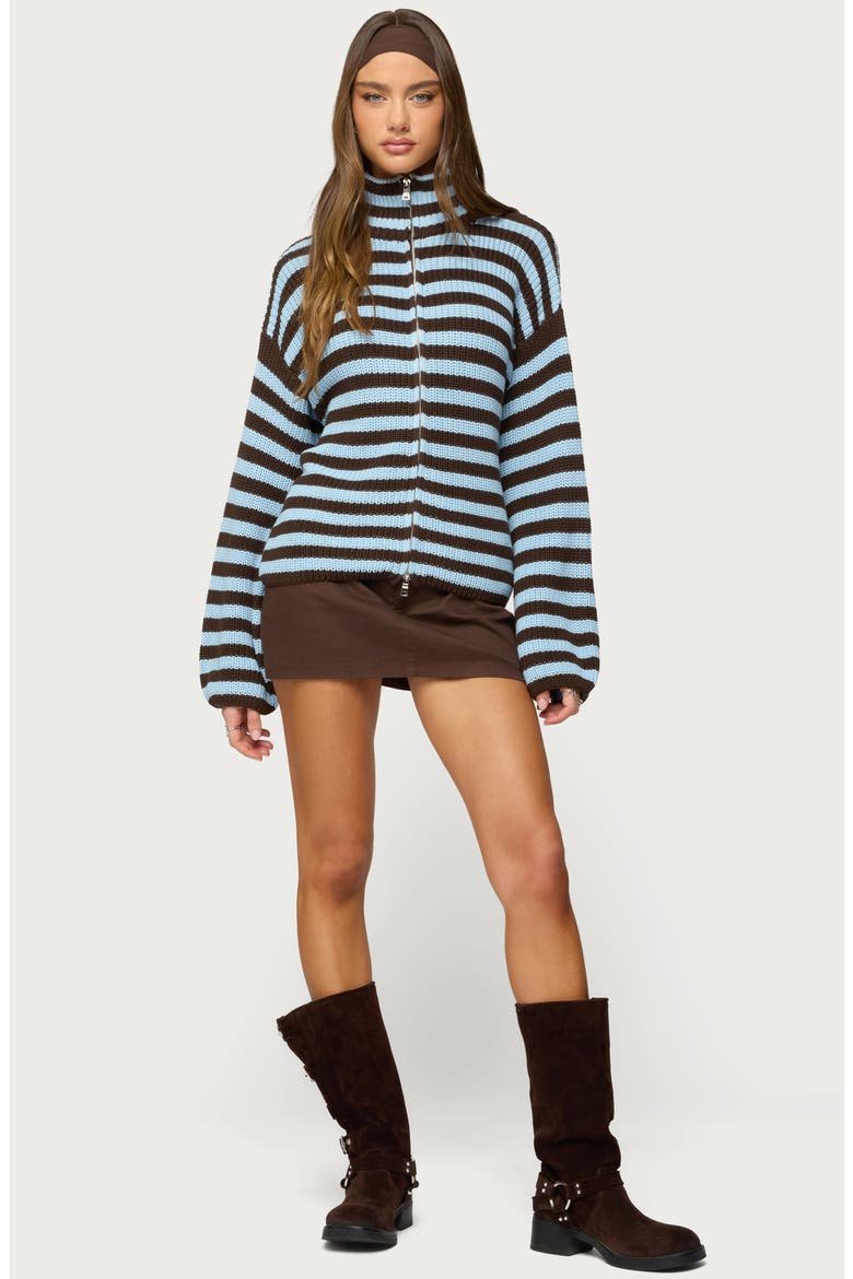 Stripe Mock Neck Zip Sweater, Alternate, color, BROWN