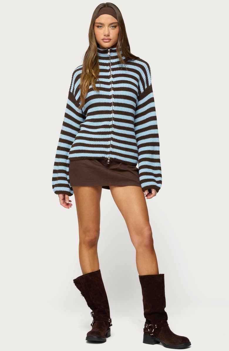 EDIKTED Stripe Mock Neck Zip Sweater, Alternate, color, Brown