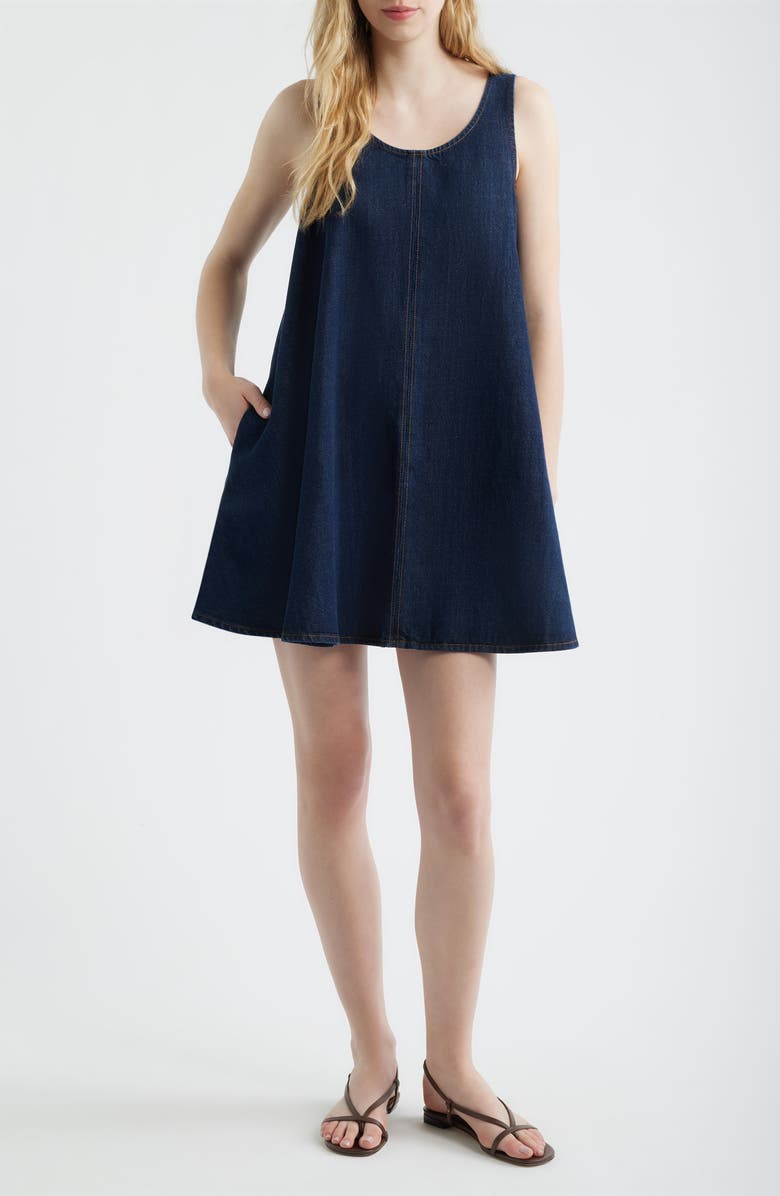 FRAME Skipper Sleeveless Cotton Blend Denim Trapeze Minidress, Main, color, Duomo