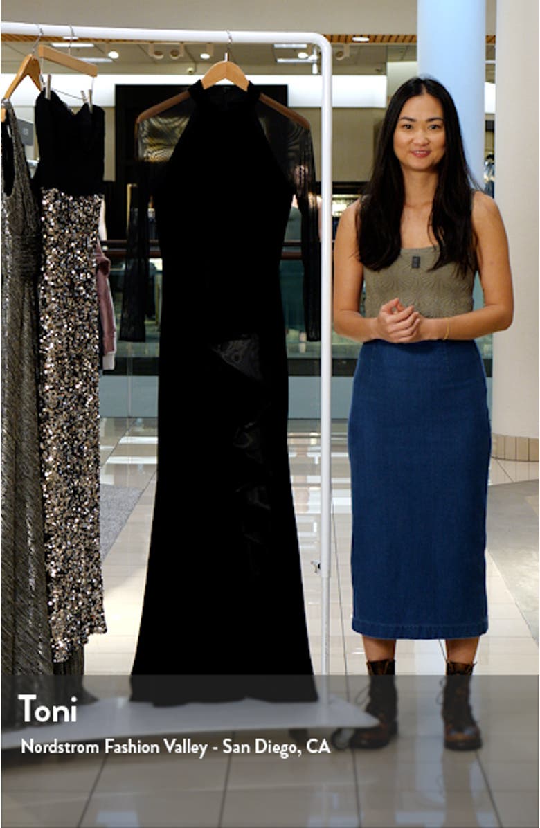 Long Sleeve Mixed Media Sheath Gown, sales video thumbnail