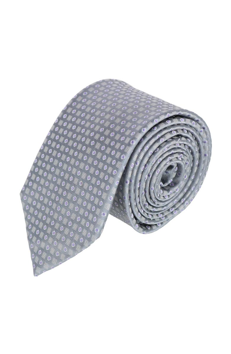 Trafalgar Ewing Square and Polka Dot Business Silk Necktie, Main, color, Grey With Purple Polka Dots