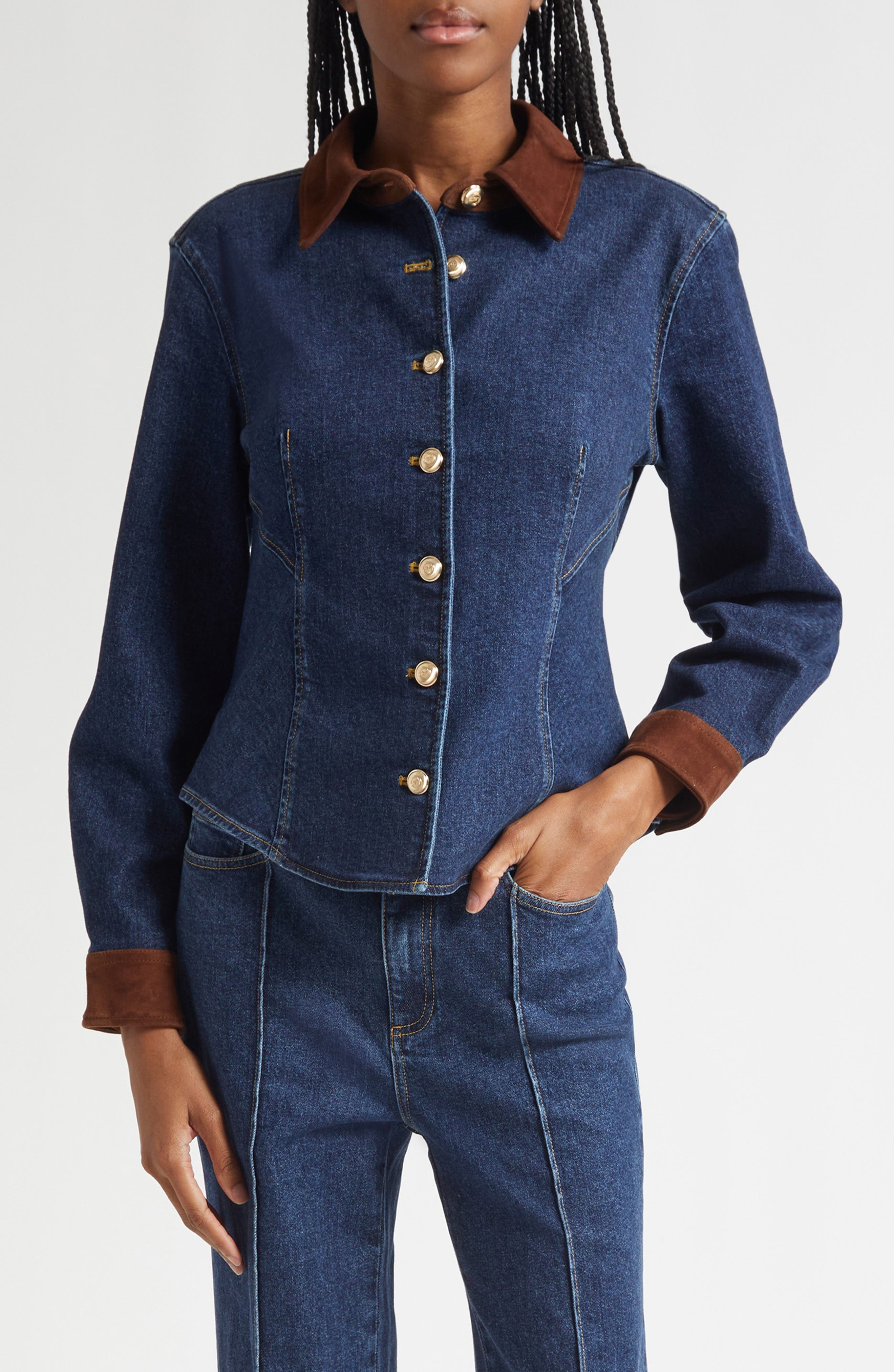 Cinq à Sept Suede Trim Denim Button-Up Shirt