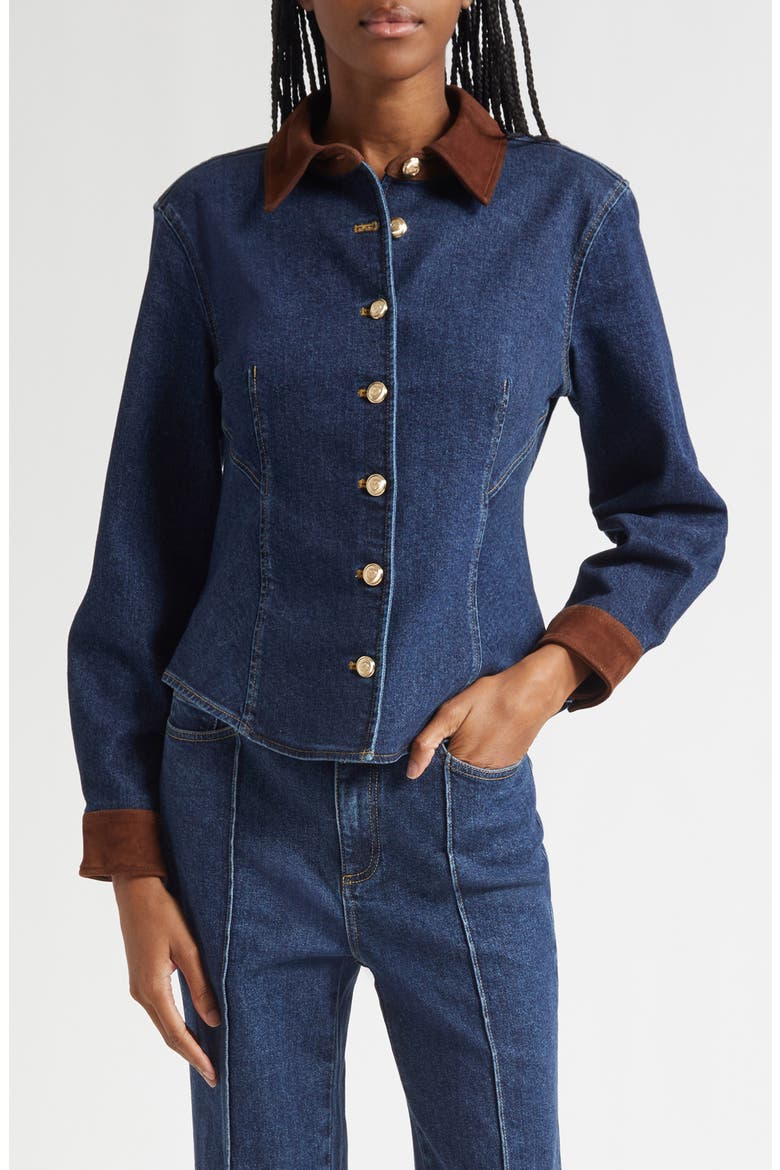 Suede Trim Denim Button-Up Shirt, Main, color, DARK SEPIA/ FONTAINE
