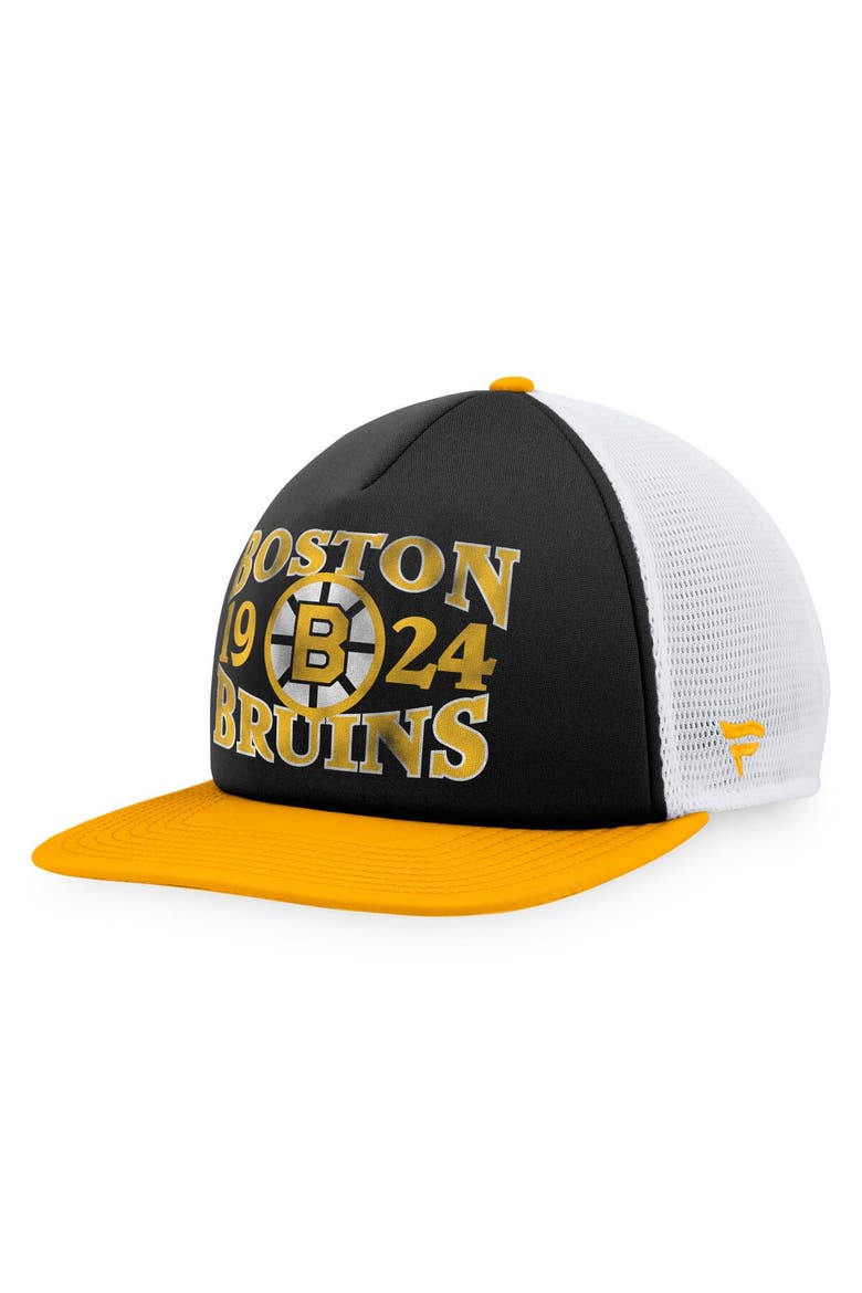 Men's Fanatics Branded Black/Gold Boston Bruins Heritage Vintage Foam Front Trucker Snapback Hat, Main, color, Black