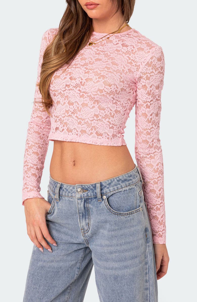 EDIKTED Estella Sheer Lace Crop Top, Alternate, color, Pink