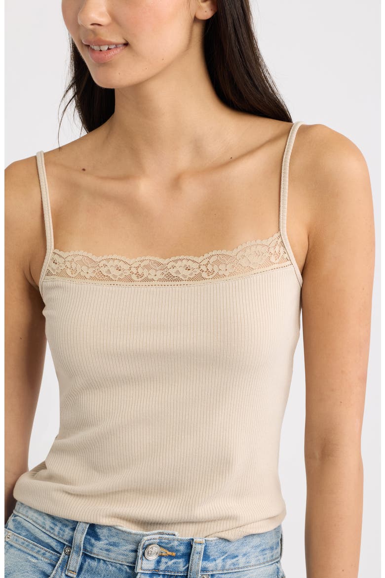 Blondi Lace Trim Ribbed Camisole, Alternate, color, SAND