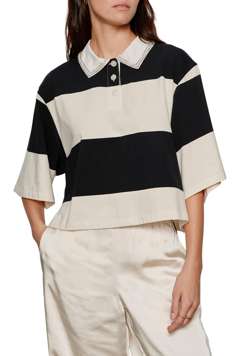 Embellished Polo Top, Main, color, COLLAGEN WHITE/ BLACK STRIPE
