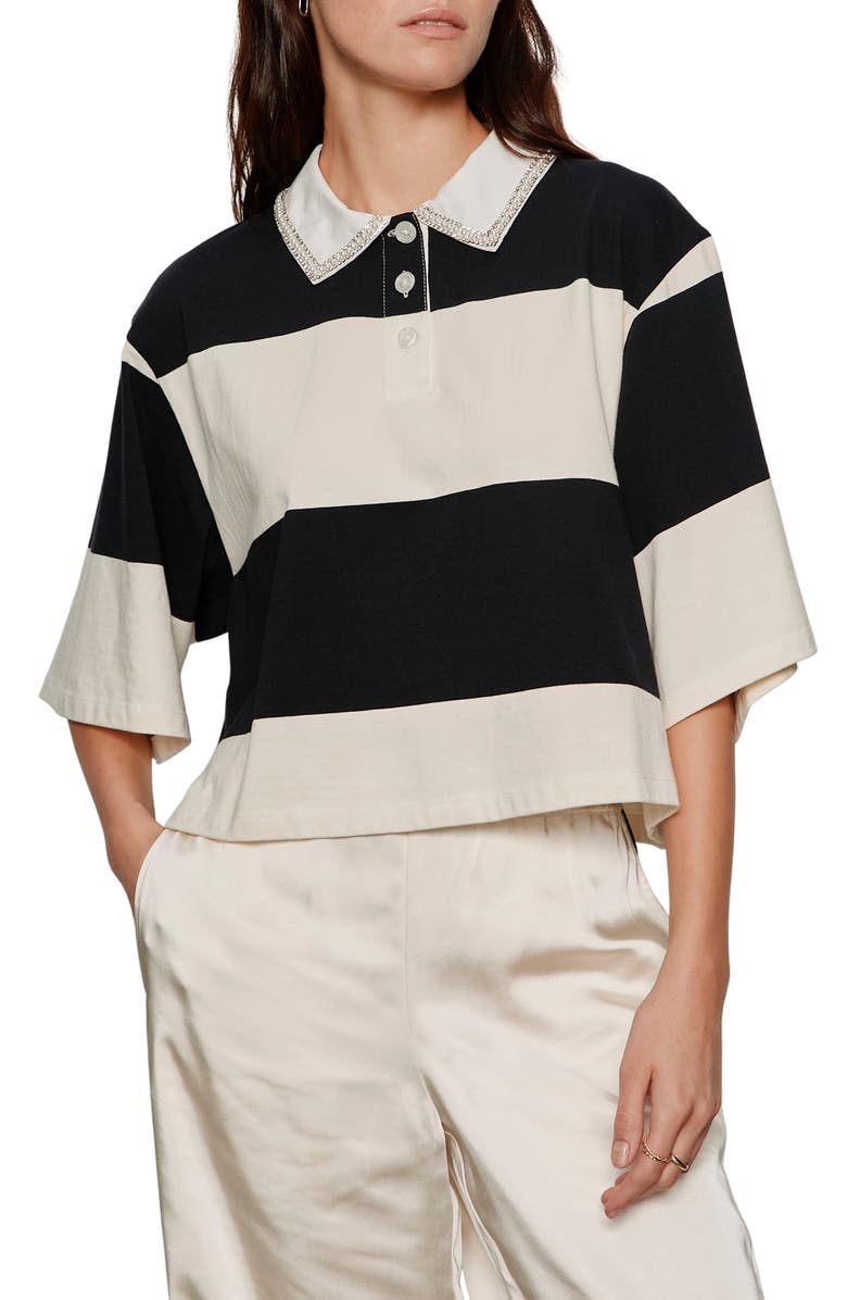 Sanctuary Embellished Polo Top, Main, color, Collagen White/ Black Stripe
