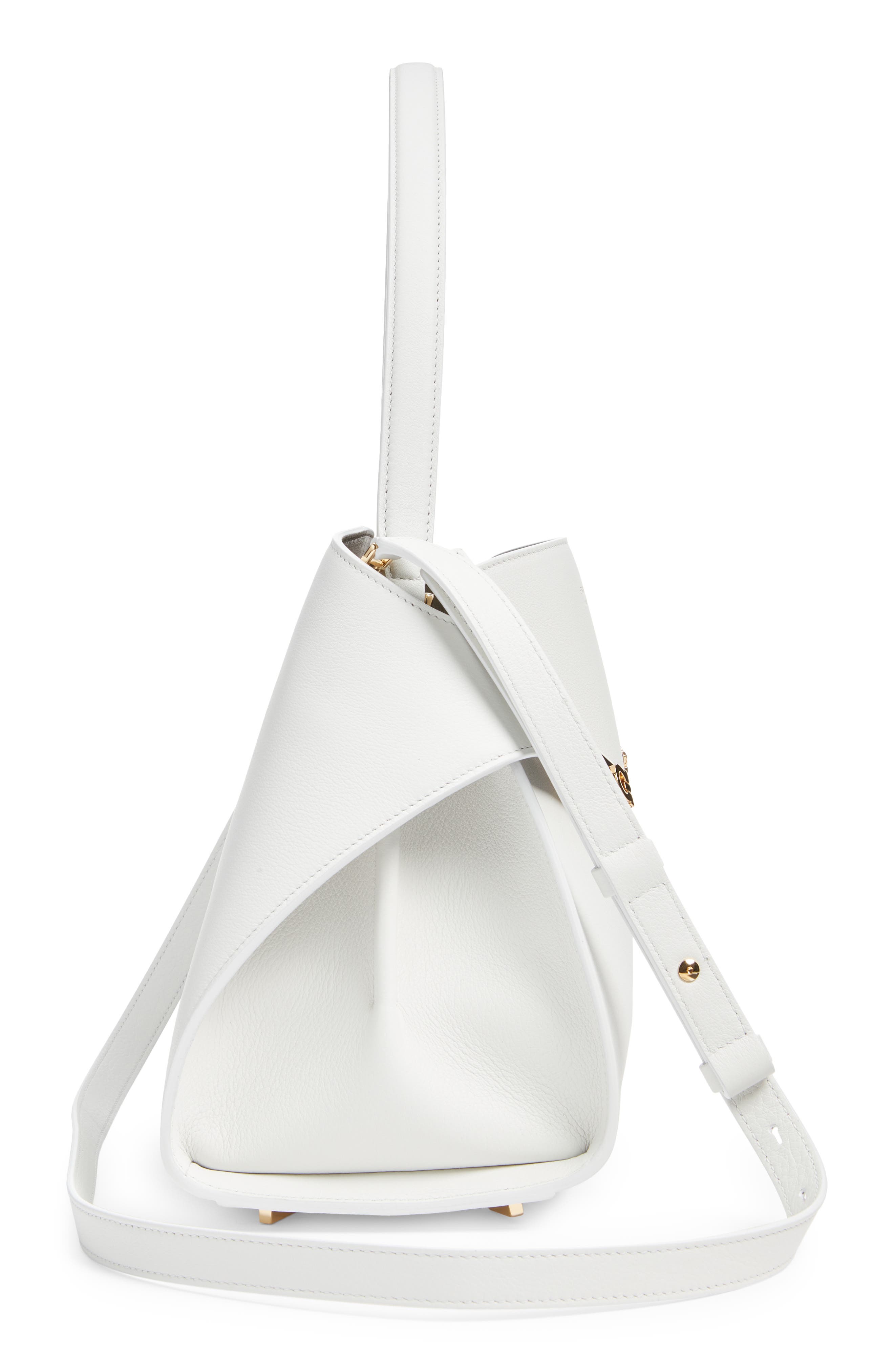 FERRAGAMO Small Hug Leather Top Handle Bag, Alternate, color, Optic White/ Concrete