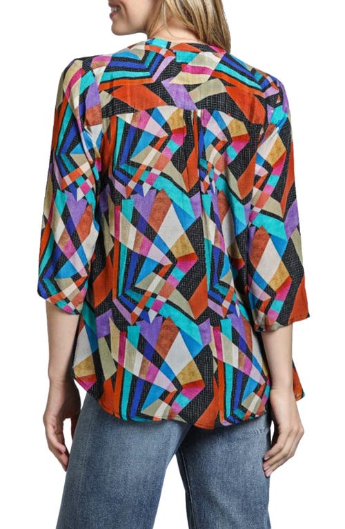 Apny Print Tassel Split Neck Chiffon Top In Black/rust Multi