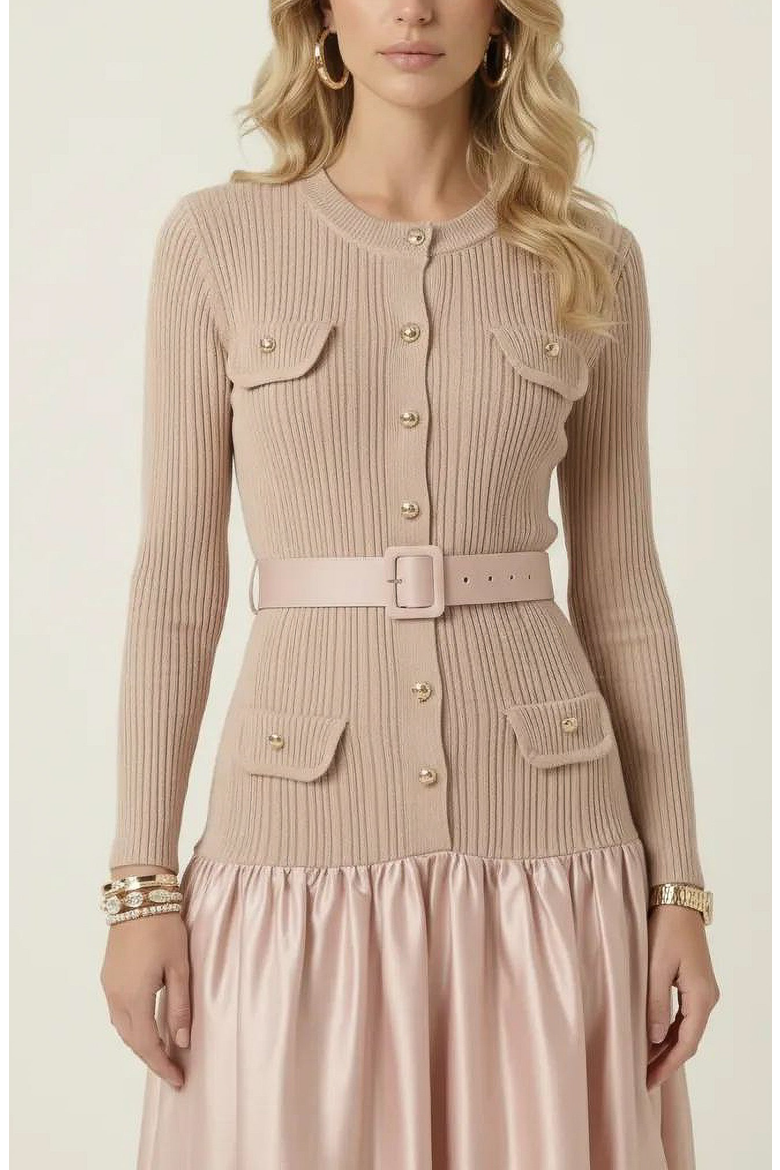 Ribbed Knit and Satin Midi Dress, Alternate, color, Blush Pink