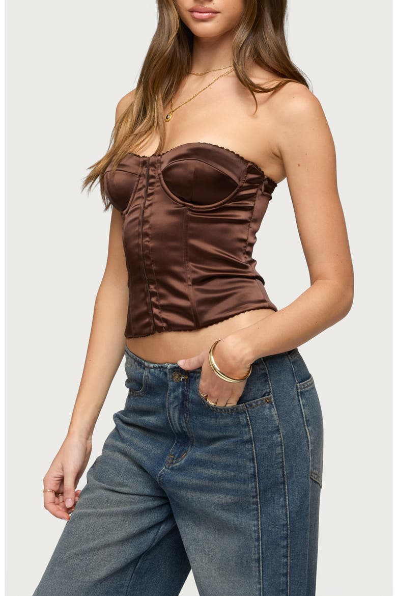 Strapless Underwire Satin Effect Crop Top, Alternate, color, BROWN