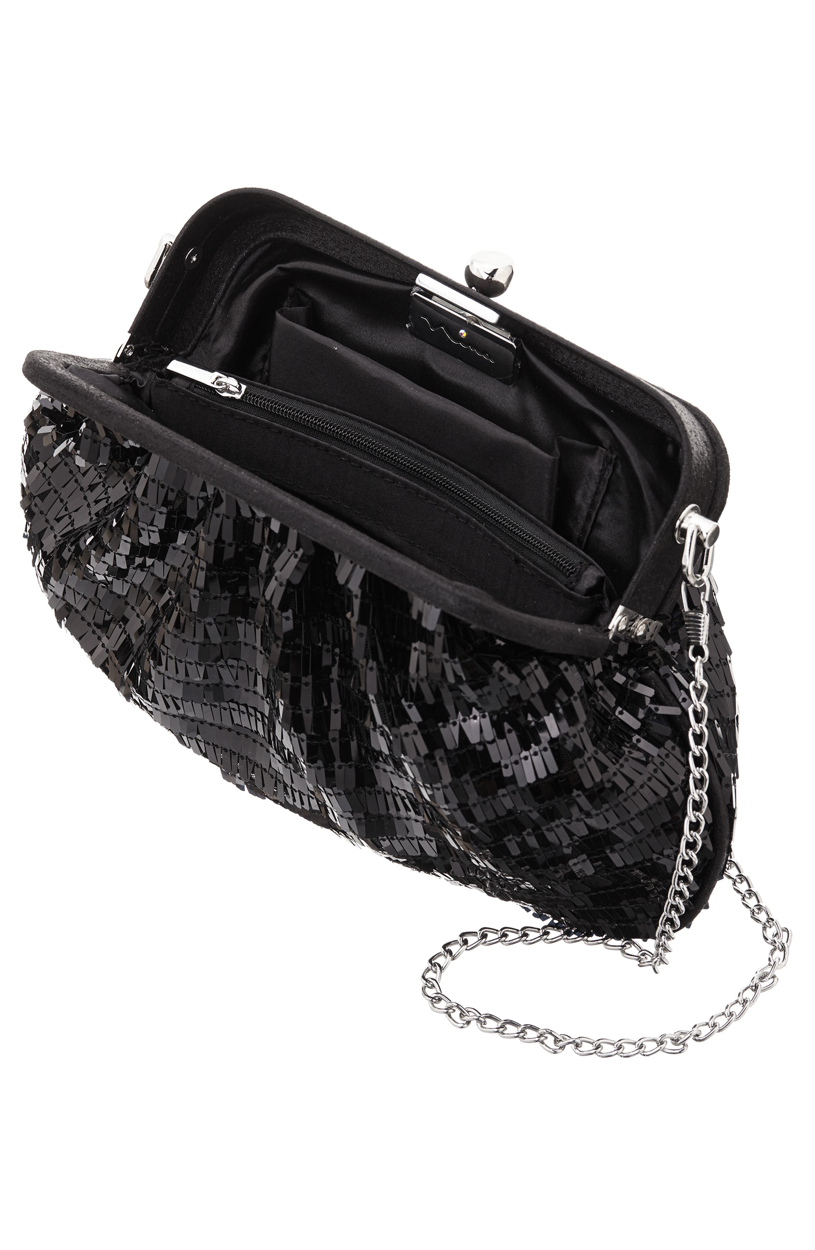 Nina June Sequin Frame Clutch, Alternate, color, Black