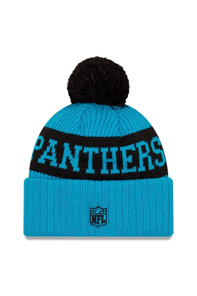 Men's New Era Blue/Black Carolina Panthers 2020 NFL Sideline Sport Pom Cuffed Knit Hat, Alternate, color, Blue