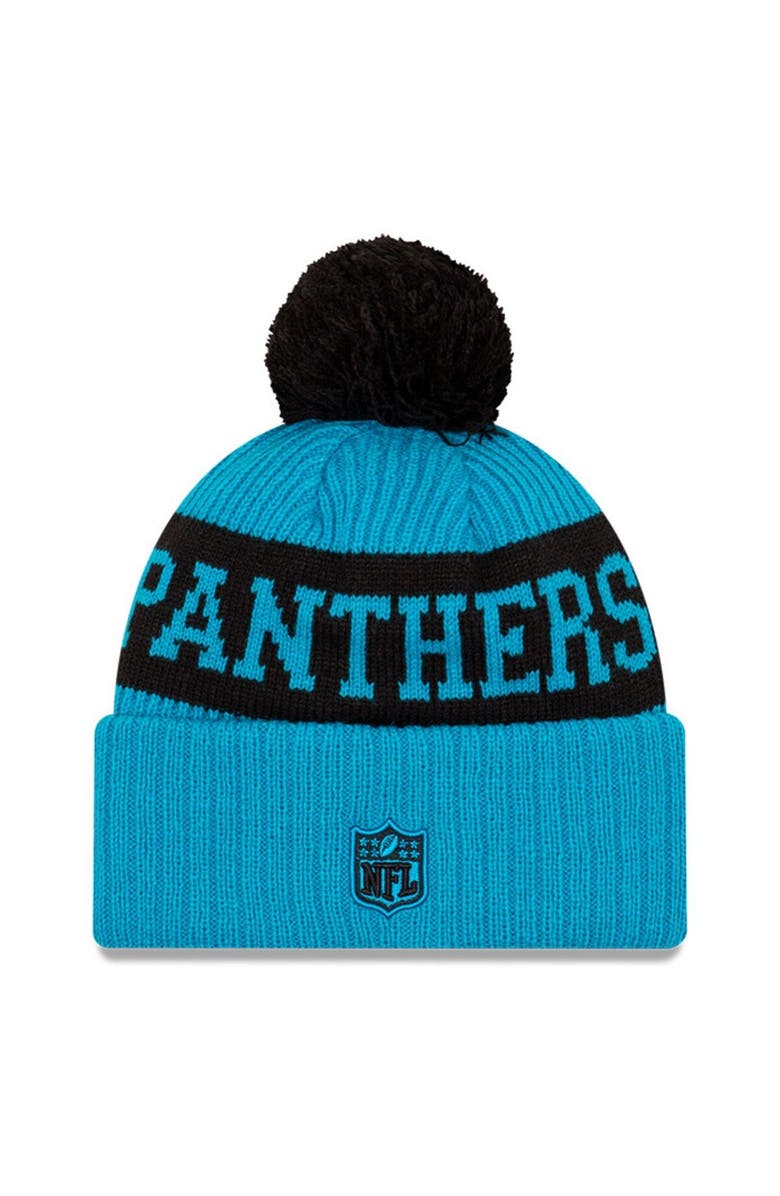 New Era Men's New Era Blue/Black Carolina Panthers 2020 NFL Sideline Sport Pom Cuffed Knit Hat, Alternate, color,