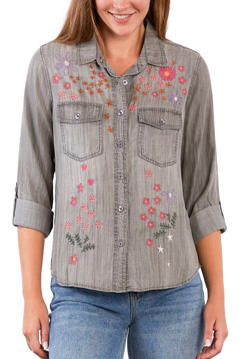 Floral Crush Embroidered Denim Shirt, Alternate, color, PERFECT GREY