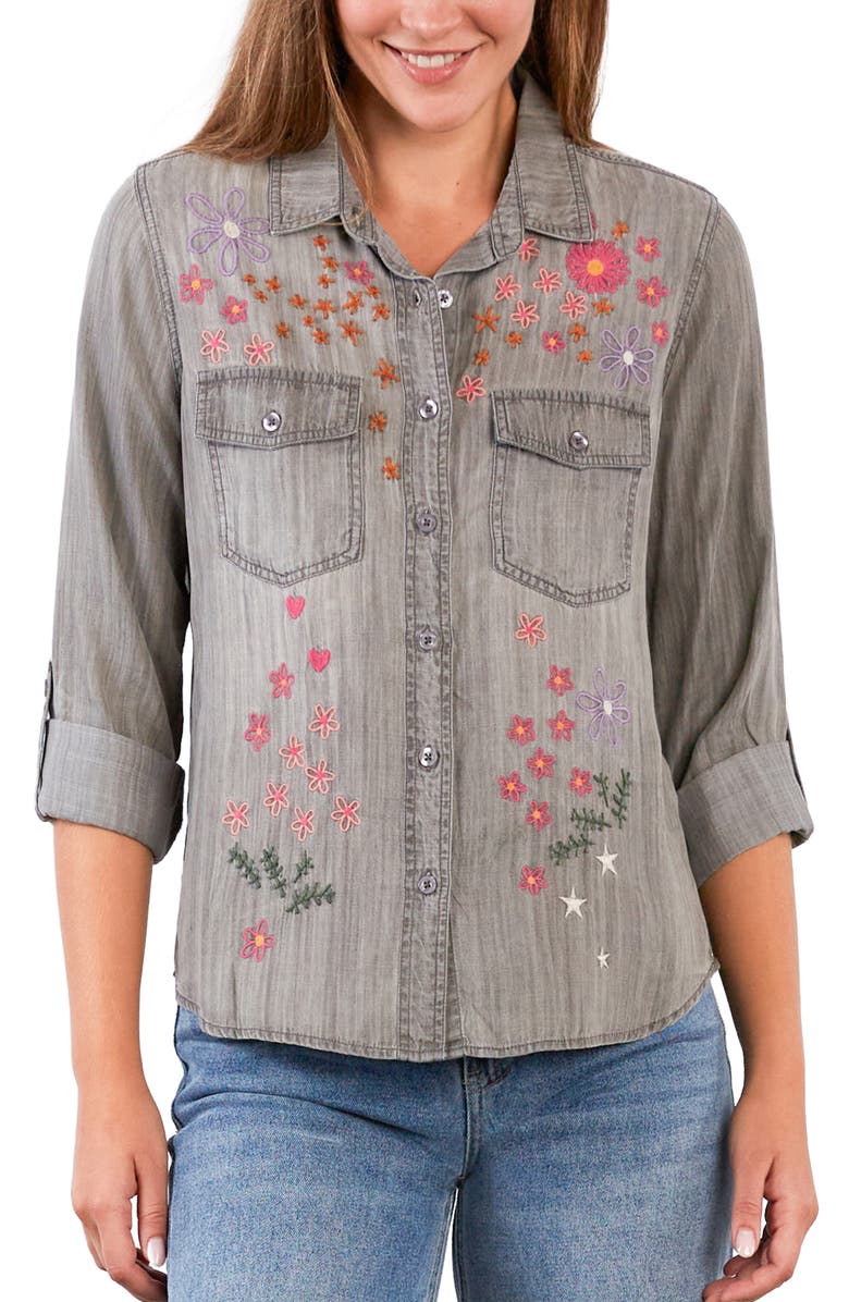 Billy T Floral Crush Embroidered Denim Shirt, Alternate, color, Perfect Grey