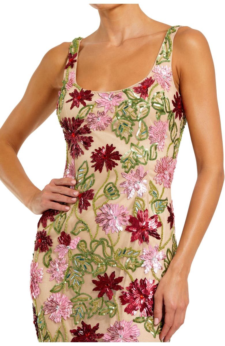 Mac Duggal Women's Floral Beaded Mesh Scoop Neck Fitted Midi Dress, Alternate, color, Nude Multi