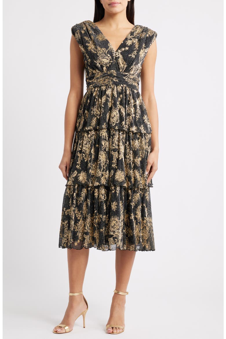 Metallic Crinkle Midi Dress, Main, color, BLACK/ GOLD