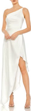 Mac Duggal One Shoulder Hi-Low Draped Charmeuse Dress