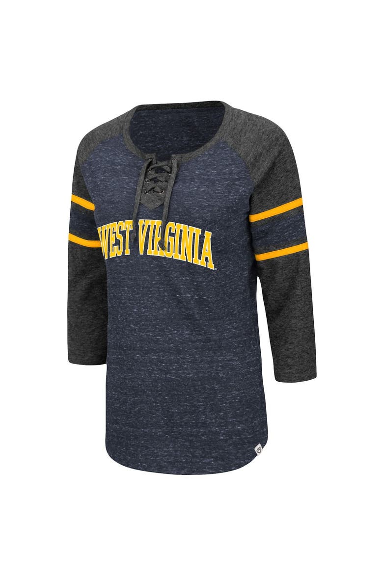 Women's Colosseum Navy/Heathered Charcoal West Virginia Mountaineers Scienta Pasadena Raglan 3/4 Sleeve Lace-Up T-Shirt, Alternate, color, Navy