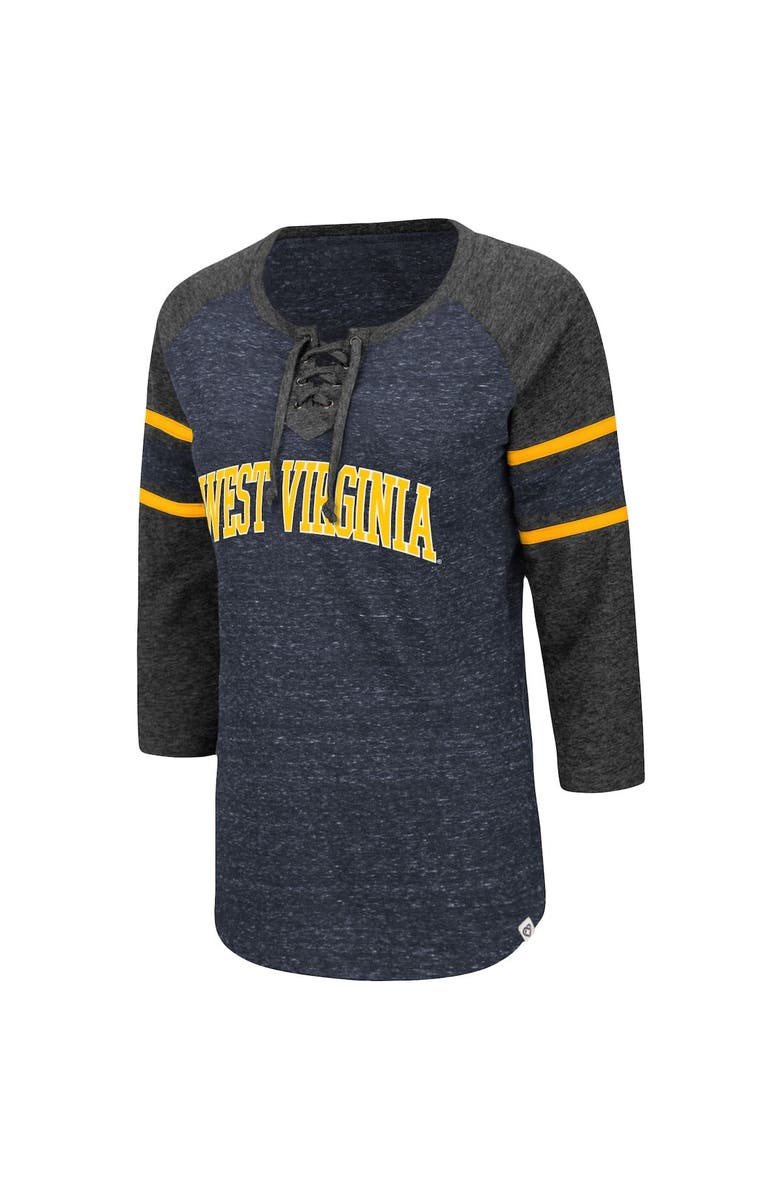 COLOSSEUM Women's Colosseum Navy/Heathered Charcoal West Virginia Mountaineers Scienta Pasadena Raglan 3/4 Sleeve Lace-Up T-Shirt, Alternate, color,