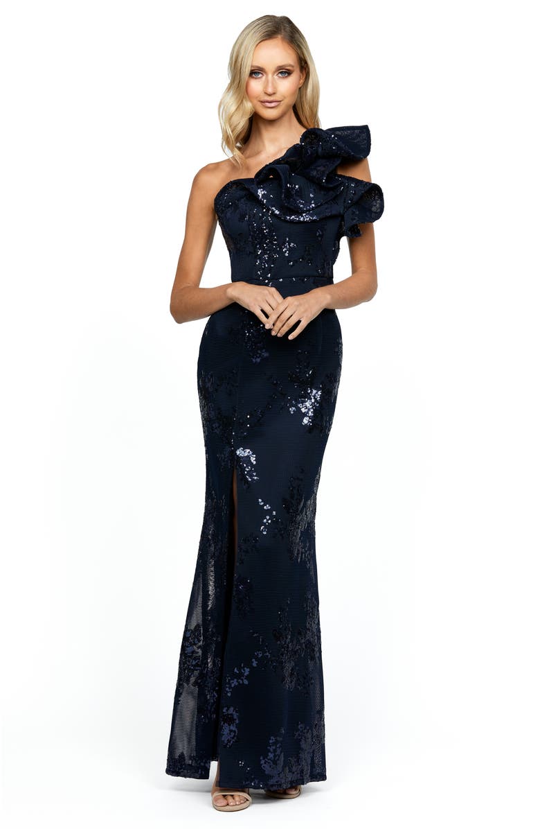 Bariano Jessie One Shoulder Gown, Main, color, Navy