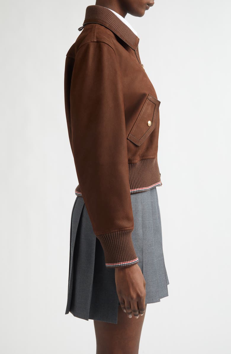 Thom Browne Crop Leather Flight Jacket, Alternate, color, Tiramisu