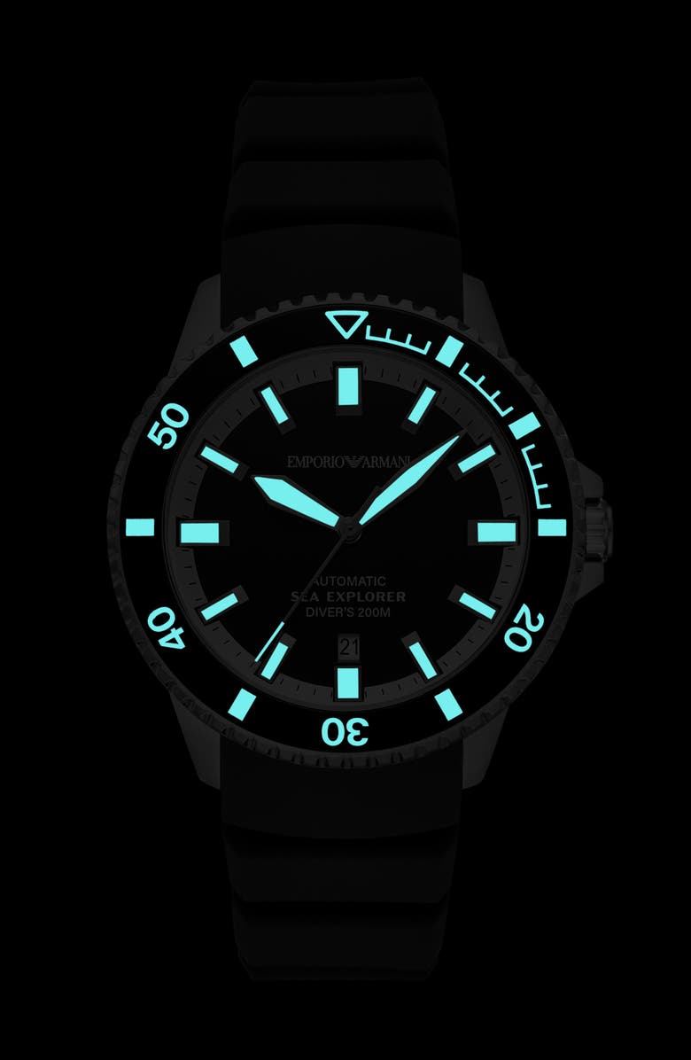 Emporio Armani Sea Explorer Silicone Strap Automatic Diving Watch, 42.5mm, Alternate, color, Silver
