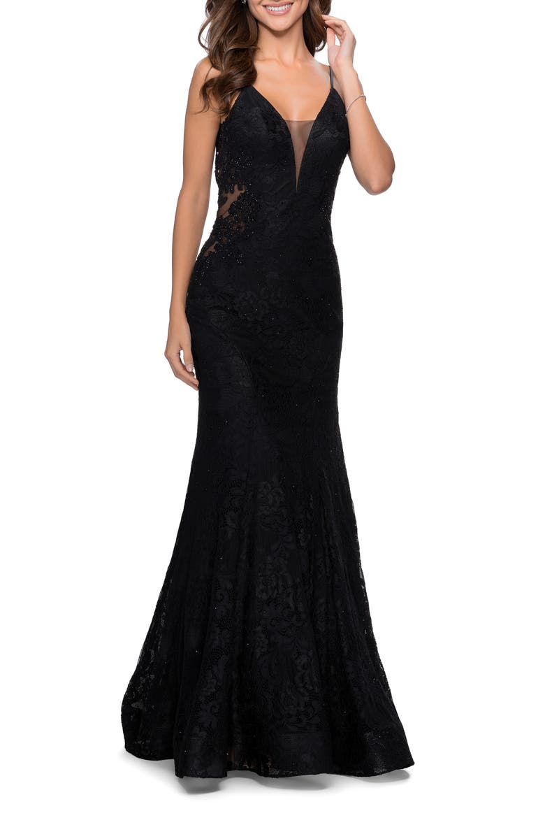Long Mermaid Lace Dress with Back Rhinestone Detail, Main, color, BLACK