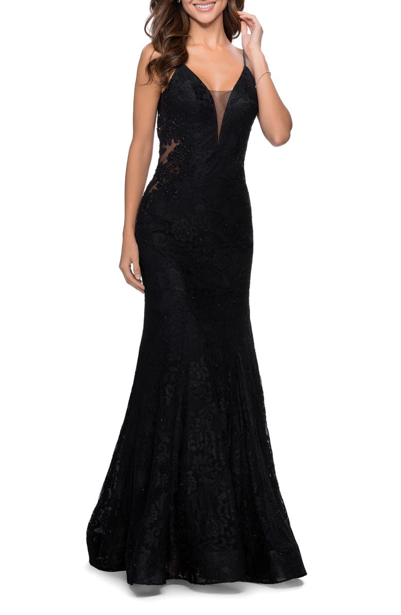 La Femme Long Mermaid Lace Dress with Back Rhinestone Detail, Main, color, Black