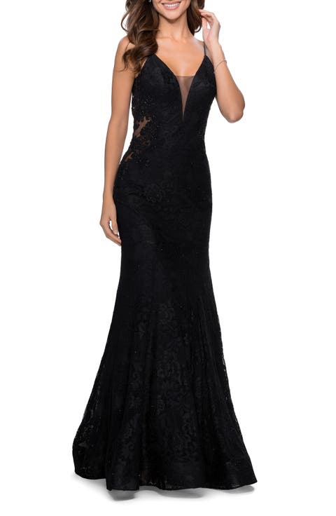 Long Mermaid Lace Dress with Back Rhinestone Detail