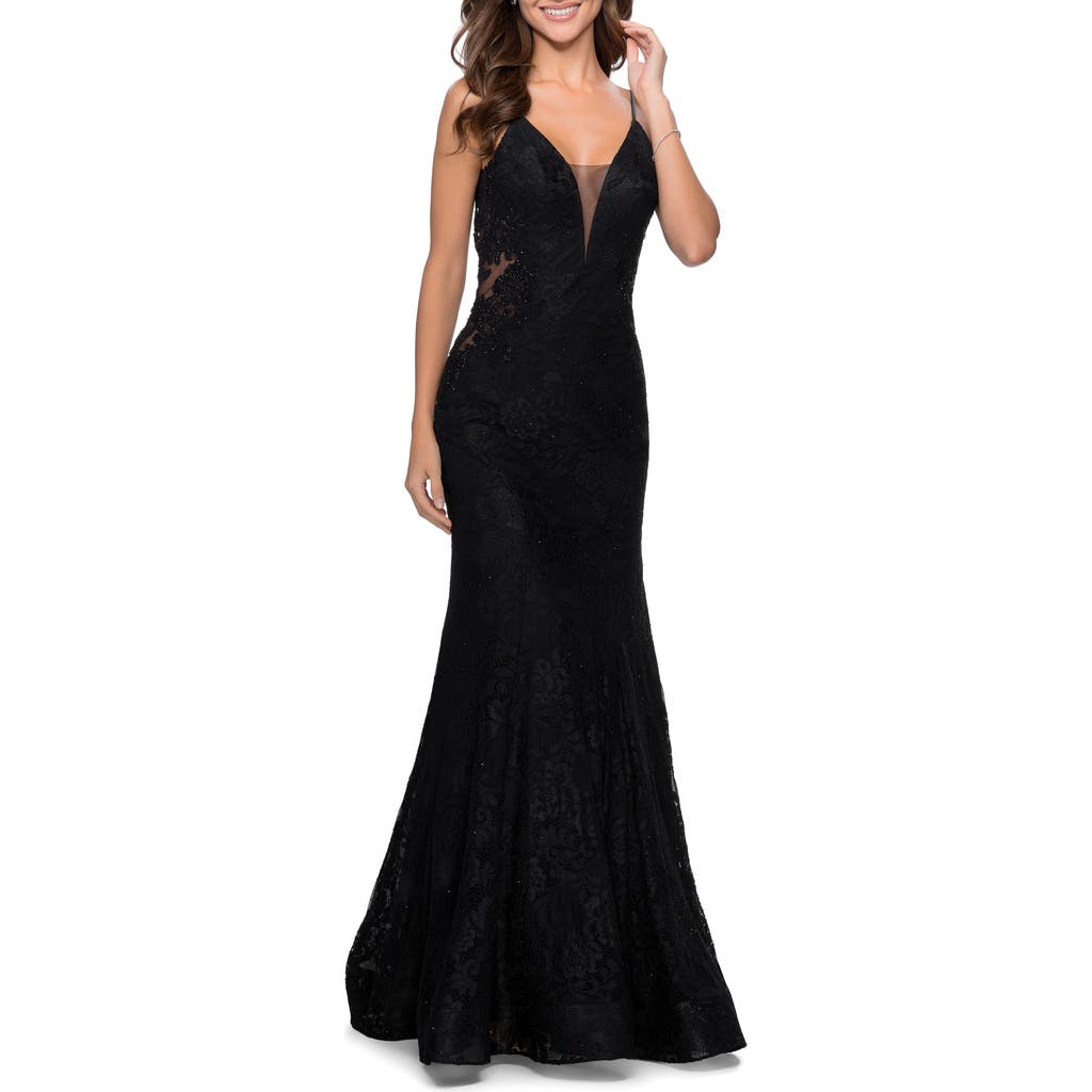 La Femme Long Mermaid Lace Dress With Back Rhinestone Detail In Black