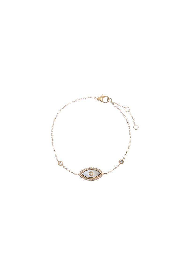 Diamond Pave MOP Evil Eye Charm Bracelet 14K, Main, color, 14K Gold