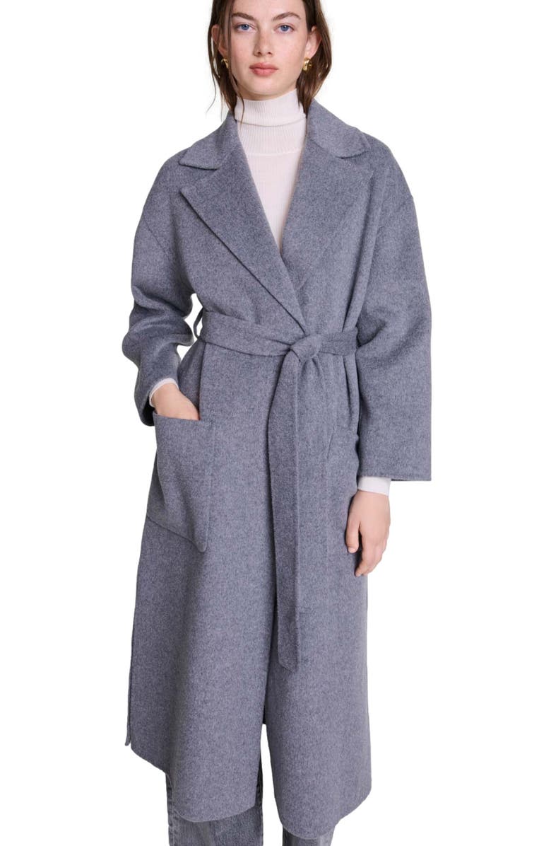 maje Long double-faced coat with belt, Alternate, color, 