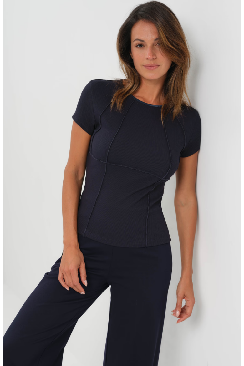 Short Sleeve Celeste Rib Top with Seam Shaping, Main, color, Navy