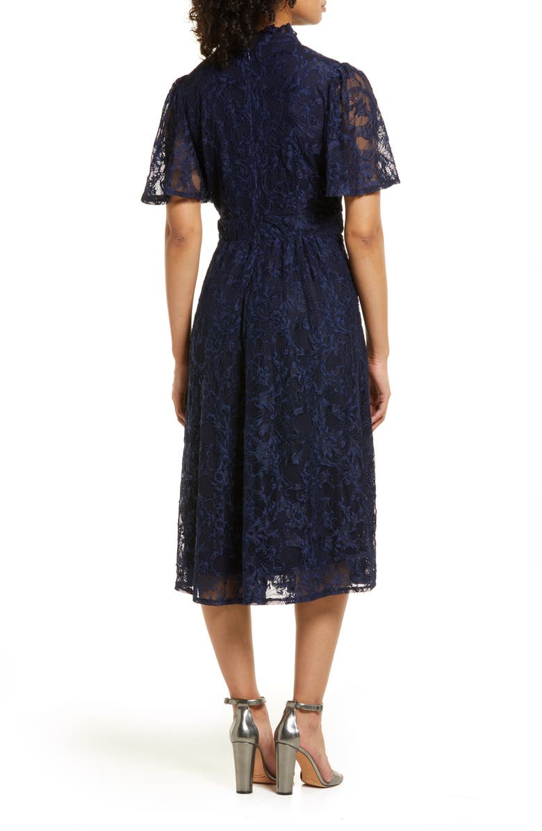 Julia Jordan Flutter Sleeve Lace Mock Neck Midi Dress, Alternate, color, Navy