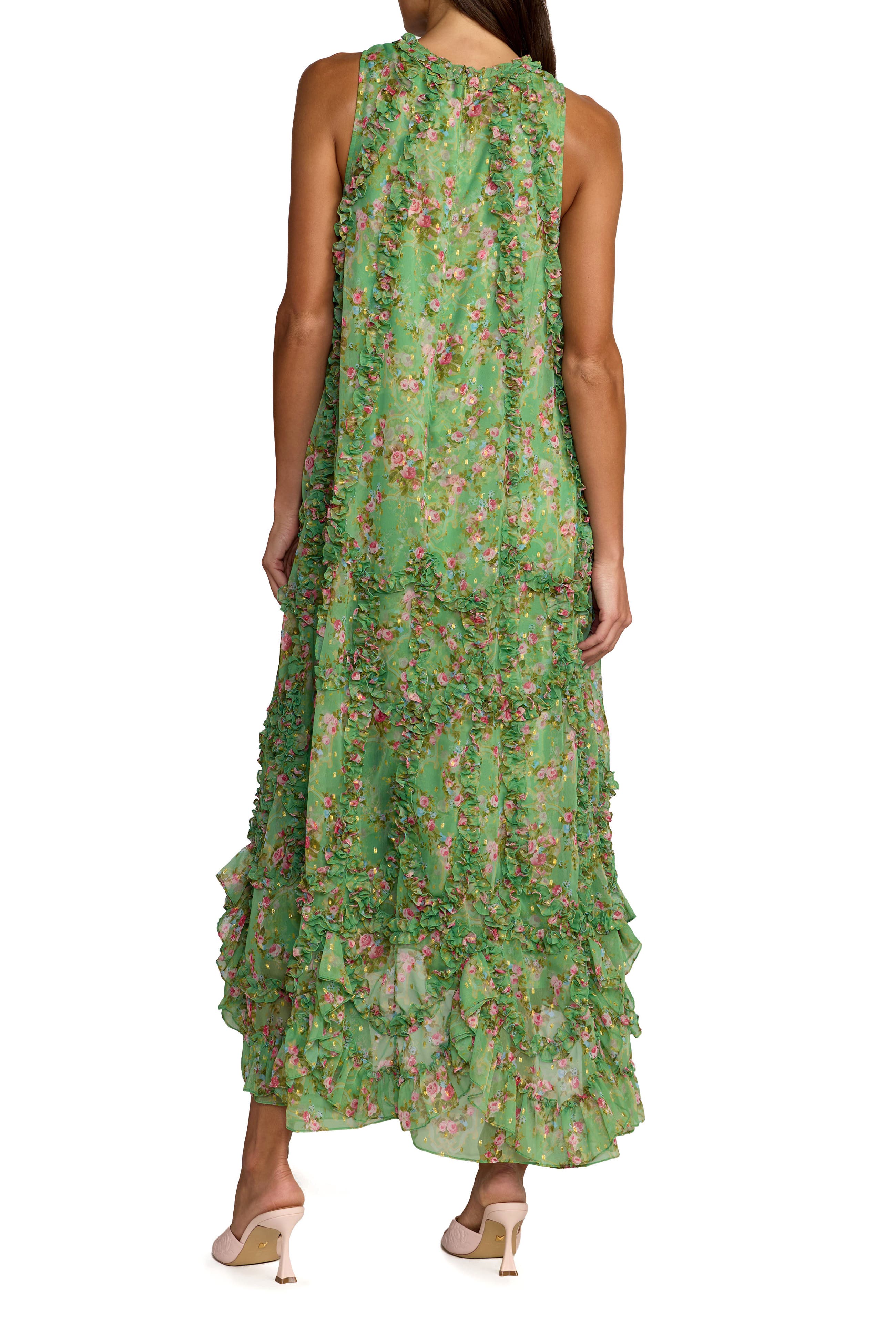 Sleeveless Floral Print Chiffon Micro Ruffle Gown - image 2