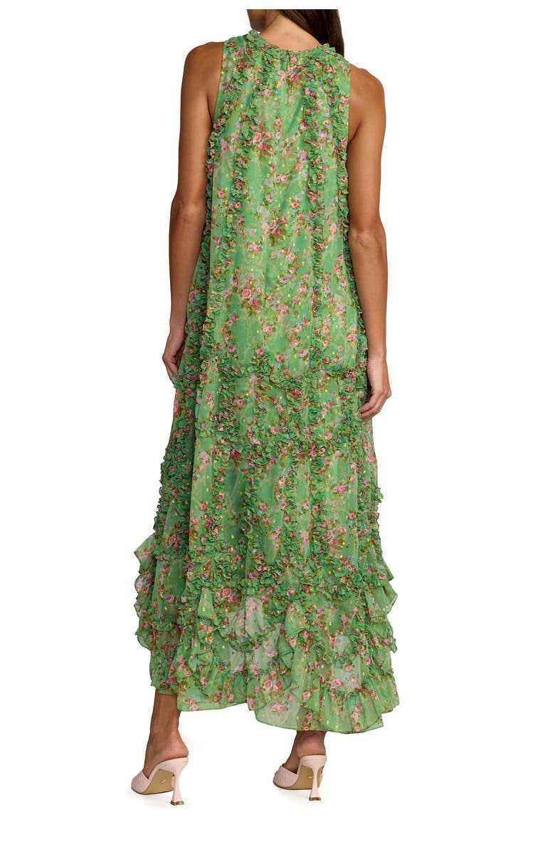 Mac Duggal Sleeveless Floral Print Chiffon Micro Ruffle Gown, Alternate, color, Sage Multi