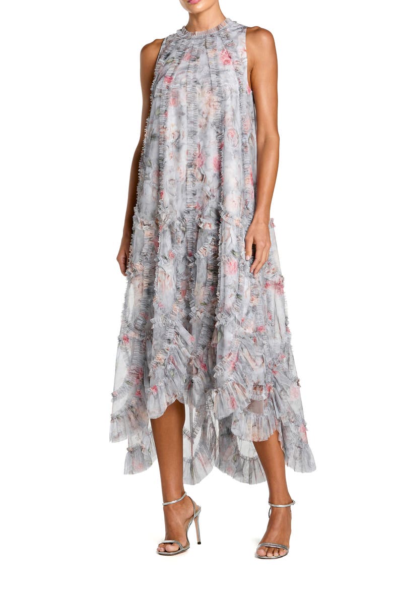 Floral Ruffle High Neck Midi Dress, Main, color, Pearl Grey