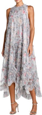 Mac Duggal Floral Ruffle High Neck Midi Dress
