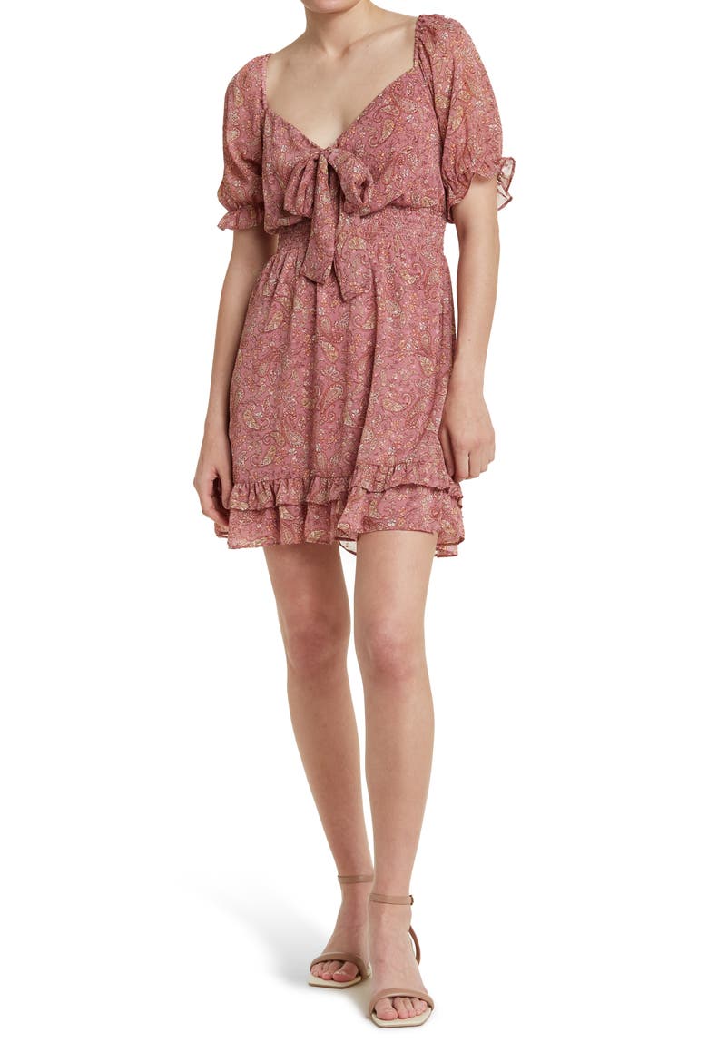 Puff Sleeve Tie Front Ruffled Mini Dress, Main, color, MAUVE PAISLEY