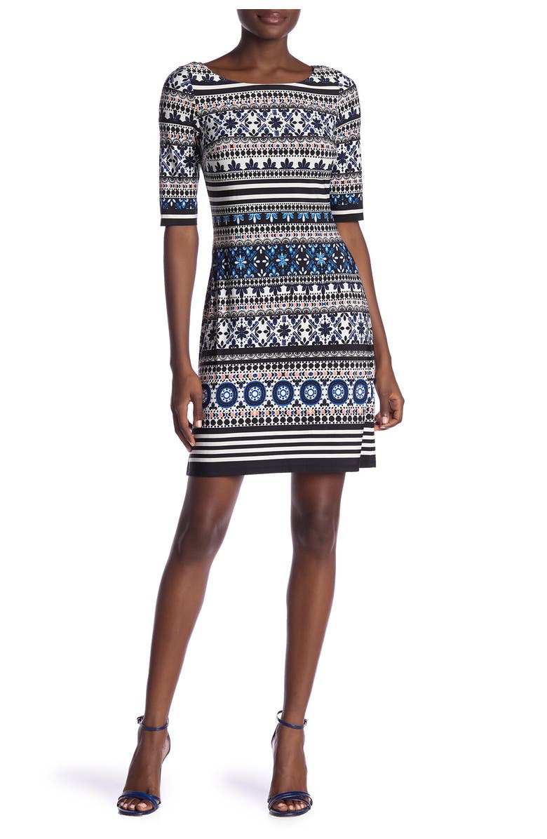 Eliza J Printed Boatneck Elbow Sleeve Dress, Main, color,
