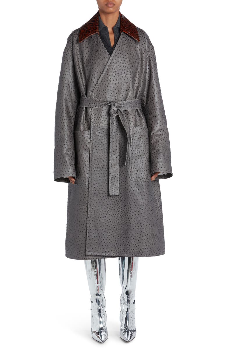 Bottega Veneta Ostrich Embossed Leather Belted Coat, Alternate, color,