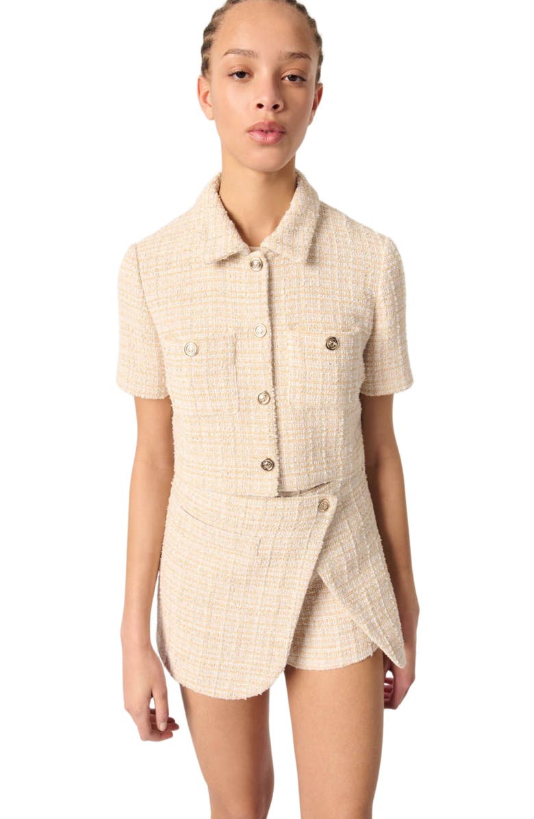 maje Cropped short sleeve tweed jacket, Alternate, color, 